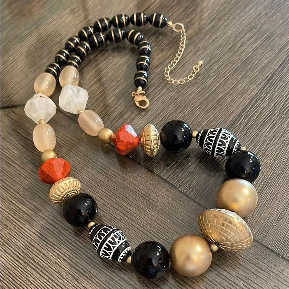 Vintage Eclectic Mix of Black and Gold Beaded Necklace